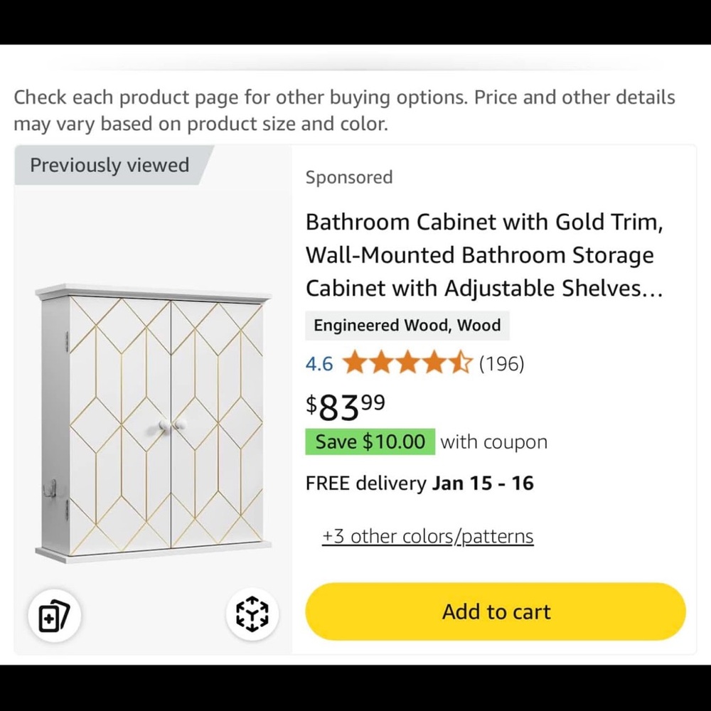 Wall-Mounted Bathroom Storage Cabinet with Gold Trim